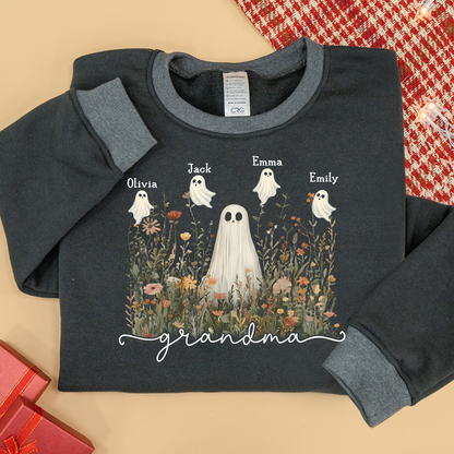 Grandma Cute Ghost in Wildflowers And Grandkids Fall Sweatshirt Mix