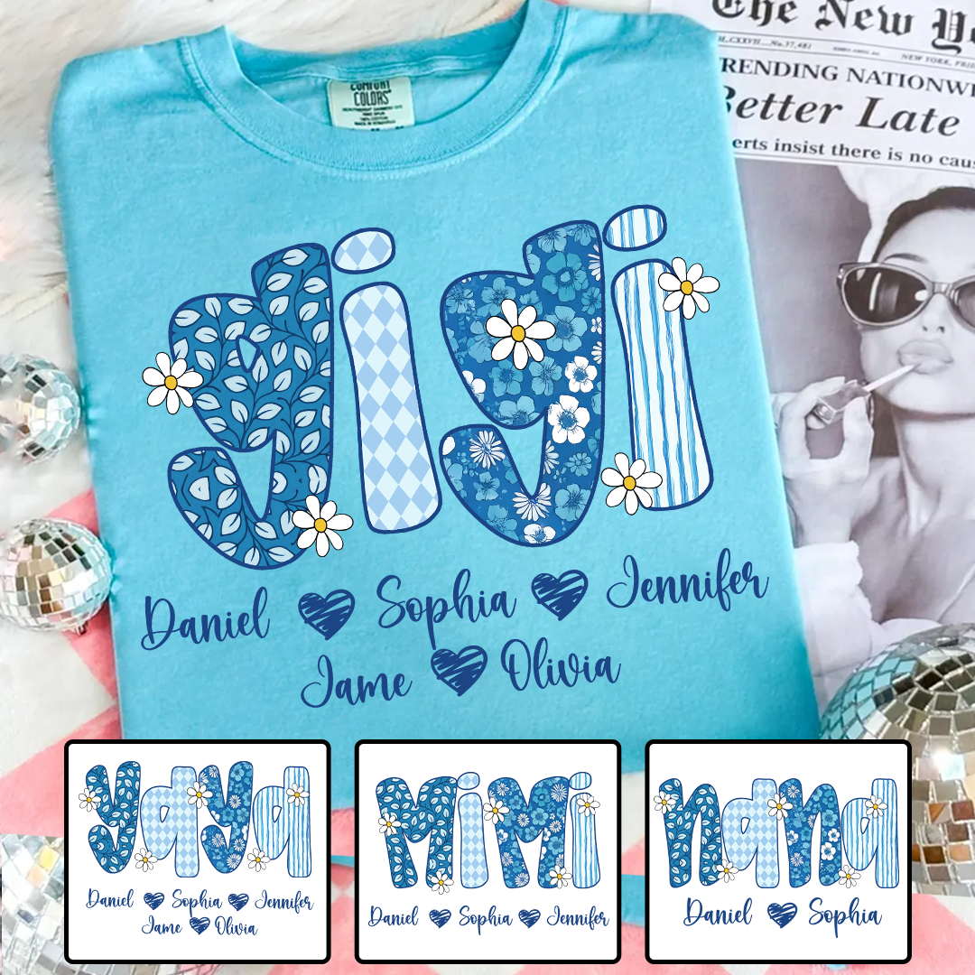 Blue Floral Gigi Personalized Grandma Gift with Grandkids Names Shirt