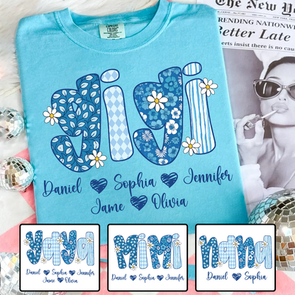 Blue Floral Gigi Personalized Grandma Gift with Grandkids Names Shirt