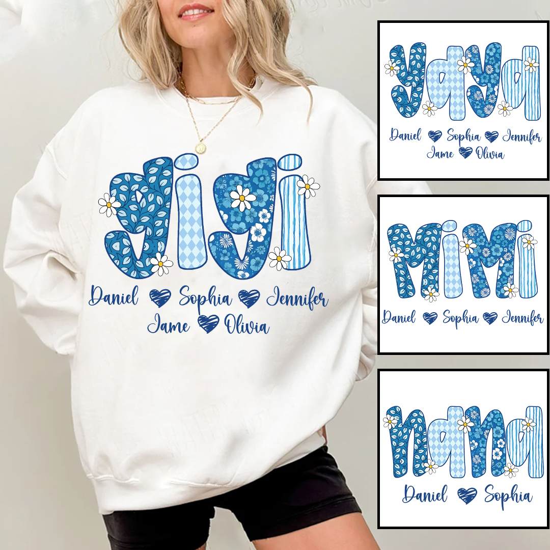 Blue Floral Gigi Personalized Grandma Gift with Grandkids Names Shirt