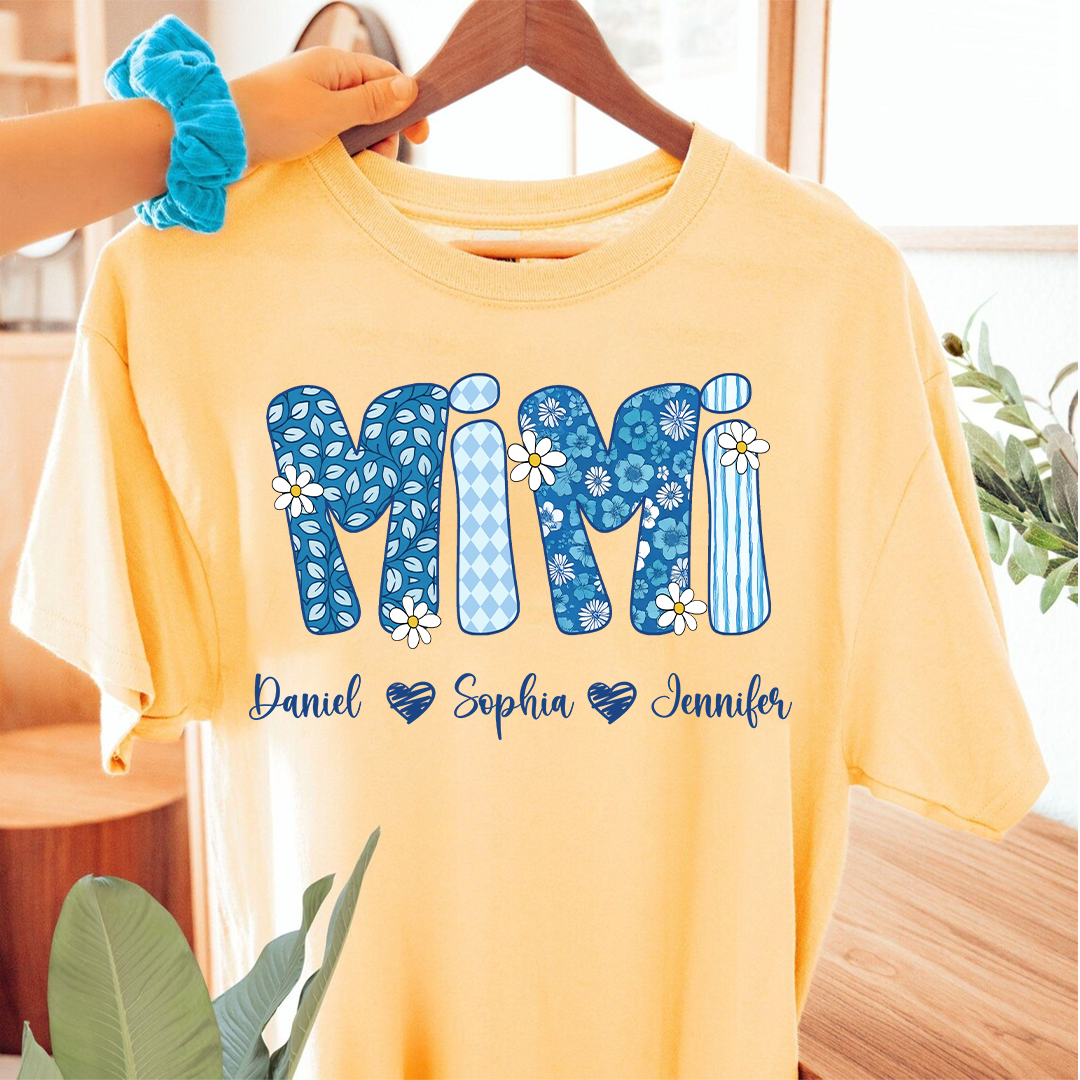 Blue Floral Gigi Personalized Grandma Gift with Grandkids Names Shirt