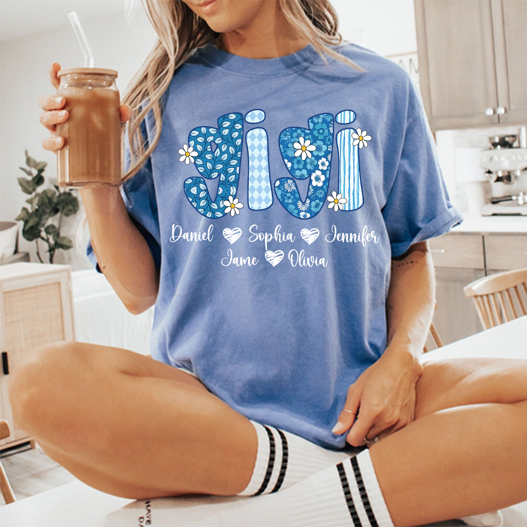 Blue Floral Gigi Personalized Grandma Gift with Grandkids Names Shirt