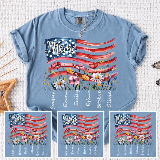 Comfort Colors® Personalized Floral & Patriotic T-Shirt, Custom Design for Mimi, Nana, Gigi, Mama, American Flag & Flower Graphic with Names, Gifts for Mother's Day, 4th of July, Birthday