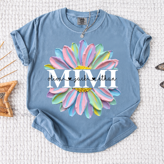Comfort Colors® Personalized Mimi Flower Shirt, Custom Grandkids Names Floral Shirt, Colorful Daisy Brushstroke Oil Painting Grandma T Shirt, Mother’s Day Gift for Mimi Nana Gigi, Family Name Shirt