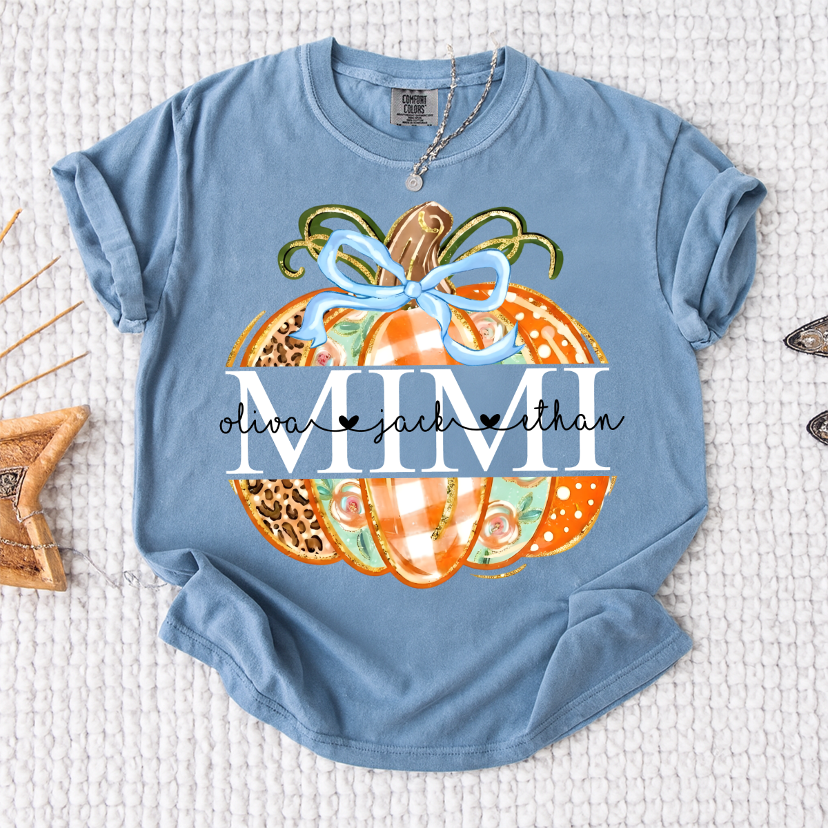 Comfort Colors® Personalized Mimi Pumpkin T-shirt, Autumn shirt for grandma with grandchildren's names, Cute autumn Thanksgiving gift for grandma