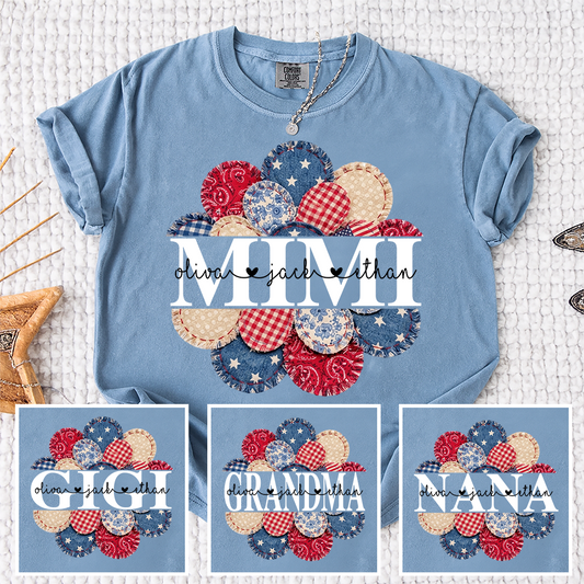 Comfort Colors® Personalized Mimi Shirt with Kids Names, Faux Patchwork Floral American Flag Hear T-Shirt, Custom Design for Mimi, Nana, Gigi, Mama, Names, Gifts for Mother's Day, 4th of July, Birthday