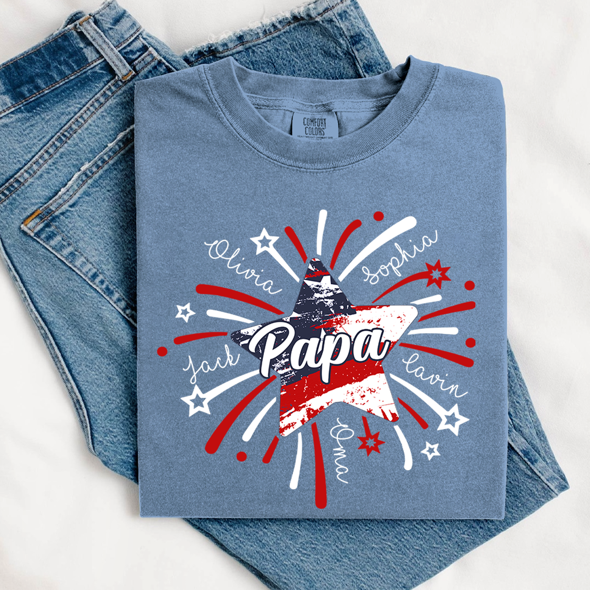 Comfort Colors® Custom 4th of July Papa Shirt, Custom Grandpa Firework American Flag T-Shirt