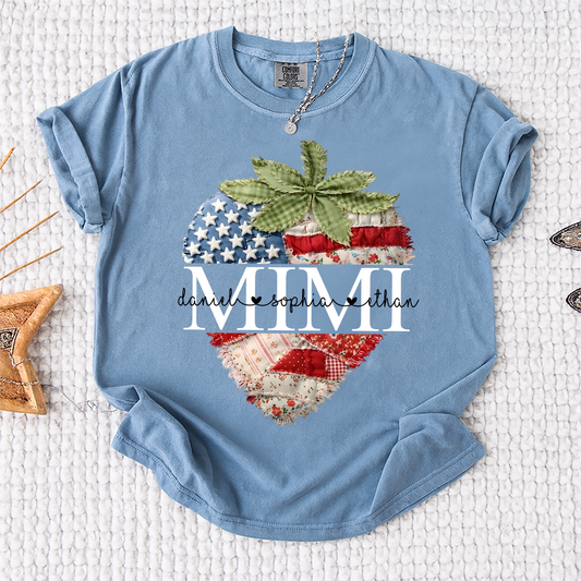Comfort Colors Mimi Custom Family Tee, Faux Quilted Strawberry 4th of July Grandma T-Shirt, Patriotic American Flag Berry Graphic, Summer Gift for Grandma, Independence Day Shirt