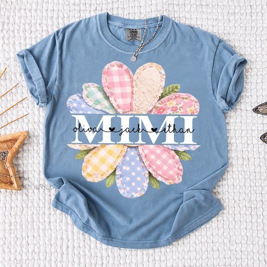 Comfort Colors® Personalized Mimi Floral Flower Shirt, Custom Kids Names Grandma Gift T-Shirt, Mama Mimi Daisy Patchwork Floral Tee, Family Name Custom Mom Shirt
