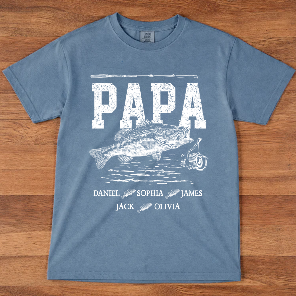 Comfort Colors® Papa Fishing Custom Name, Personalized Dad Papa Grandpa and Grandkids Gift  Father's Day T-shirt