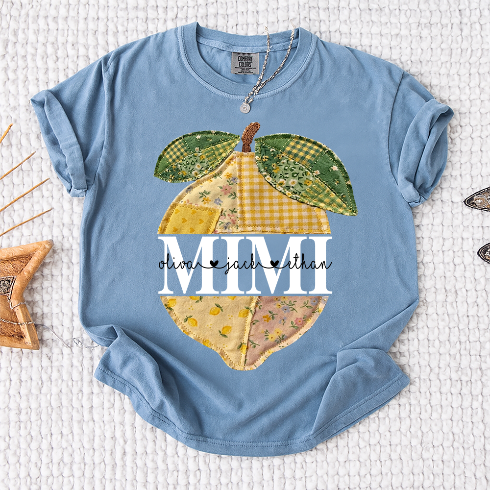 Comfort Colors® Custom Mimi Lemon Shirt, Personalized Grandkids Names Shirt, Patchwork Citrus Summer Shirt, Gift for Grandma Nana Gigi
