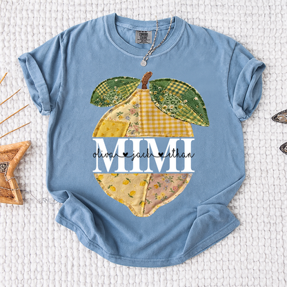 Comfort Colors® Custom Mimi Lemon Shirt, Personalized Grandkids Names Shirt, Patchwork Citrus Summer Shirt, Gift for Grandma Nana Gigi