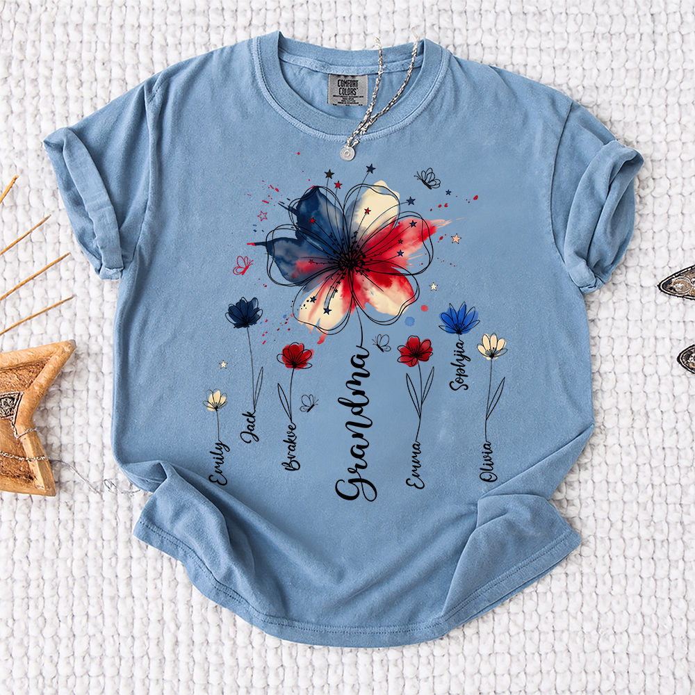 Personalized Grandma Wildflower Shirt, Custom Kids Names Floral Tee for Nana Mimi Gigi Grammy, Patriotic Flower Gift for Grandma Birthday Mothers Day Shirt