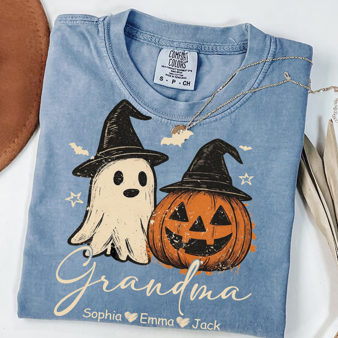 Comfort Colors® Grandma Floral Pumpkin, Ghost Pumpkin And Grandkids T-Shirt