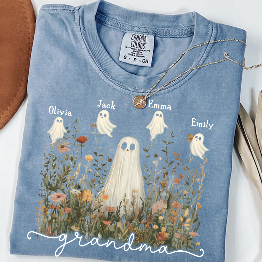 Comfort Colors® Grandma Cute Ghost in Wildflowers And Grandkids T-Shirt