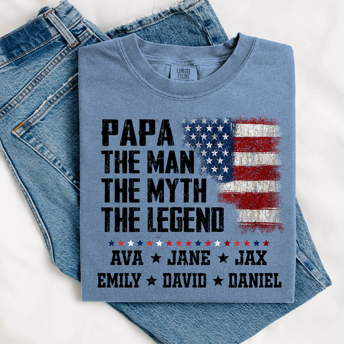 Papa The Man The Myth The Legend Shirt - Custom Comfort Colors Tee with Grandkids Names - Father's Day Gift