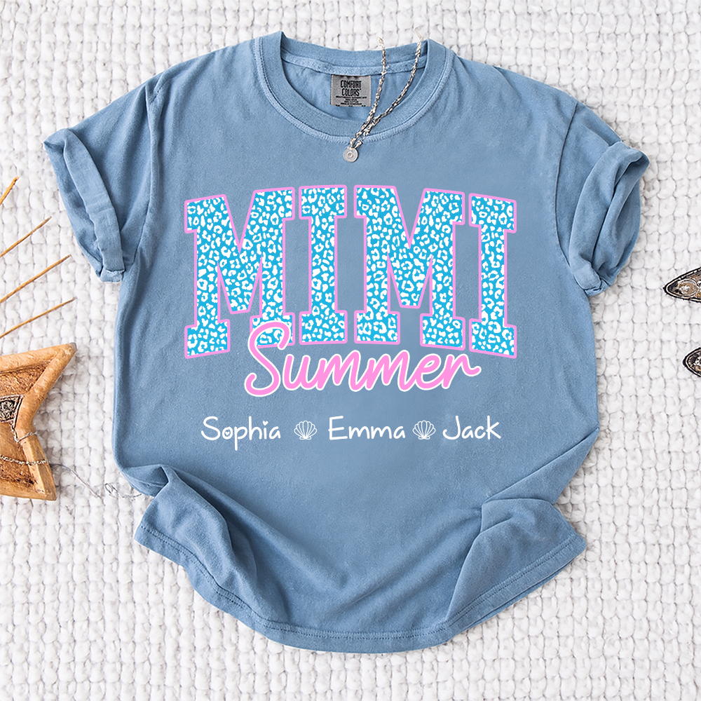Comfort Colors® Personalized Mimi Summer Shirt, Custom Grandkids Names Shirt, Leopard Heart Grandma Shirt, Summer Gift for Mimi Nana Gigi, Birthday Mothers Day Shirt