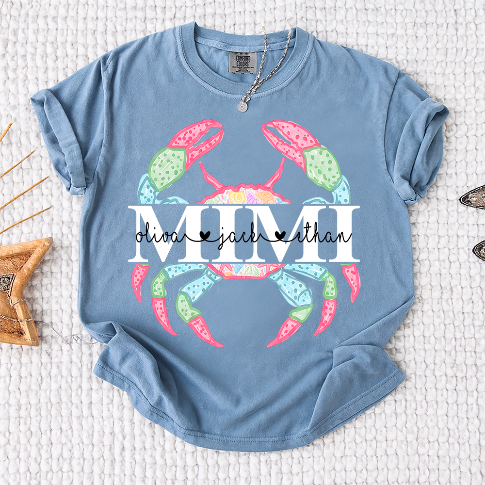Comfort Colors Personalized Mimi Crab Shirt, Custom Grandkids Names Beach Shirt, Coastal Grandma Summer Shirt, Ocean Lover Gift for Grandma