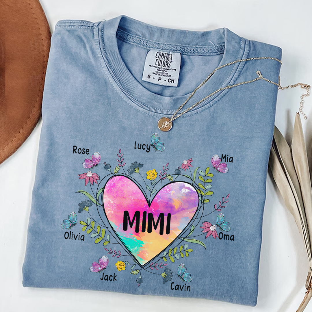 Comfort Colors® Personalize Mimi Flower Heart Shirt, Custom Grandma And Grandkids Shirt, Gifts For Grandma Shirt