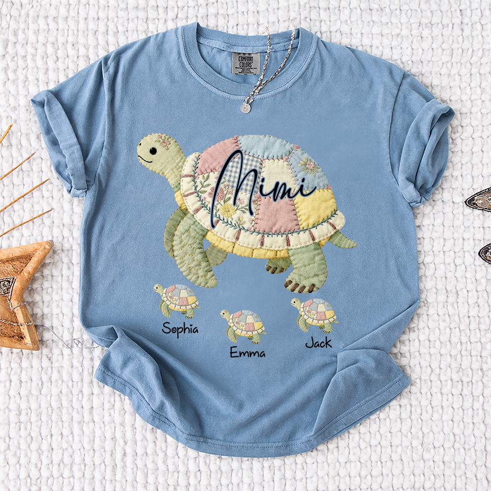 Comfort Colors® Personalized Mimi Patchwork Turtle, Custom Grandkids Names Shirt, Grandma Turtle Family Shirt, Birthday Gift for Mimi Nana Gigi, Mothers Day Shirt