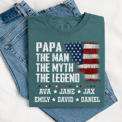 Papa The Man The Myth The Legend Shirt - Custom Comfort Colors Tee with Grandkids Names - Father's Day Gift