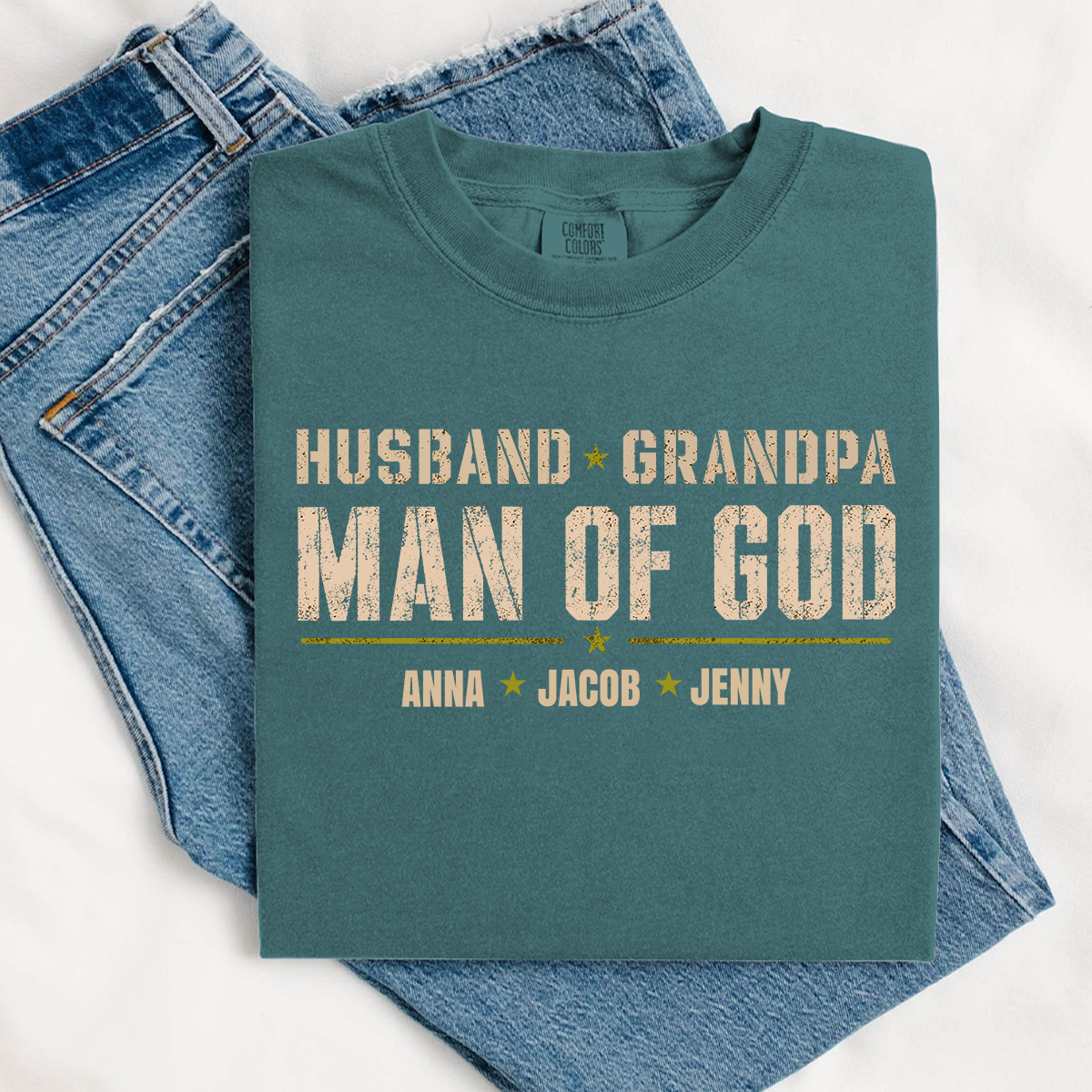 Comfort Colors® Personalized Husband Grandpa Man of God Shirt with Kids Names, Custom Family Nickname T-Shirt for Dad Fathers Day Birthday