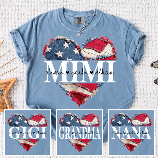 Comfort Colors® Personalized Mimi Shirt with Kids Names, Faux Patchwork heart American Flag Hear T-Shirt, Custom Design for Mimi, Nana, Gigi, Mama, Names, Gifts for Mother's Day, 4th of July, Birthday