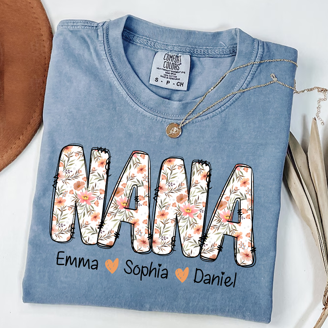 Comfort Colors® Nana Flower 2025 Shirt, Custom Grandma And Grandkids Shirt