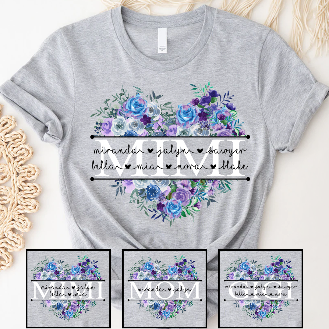 Blue Purple Roses Flower Mimi And Grandkids Mother's Day Gift T-Shirt