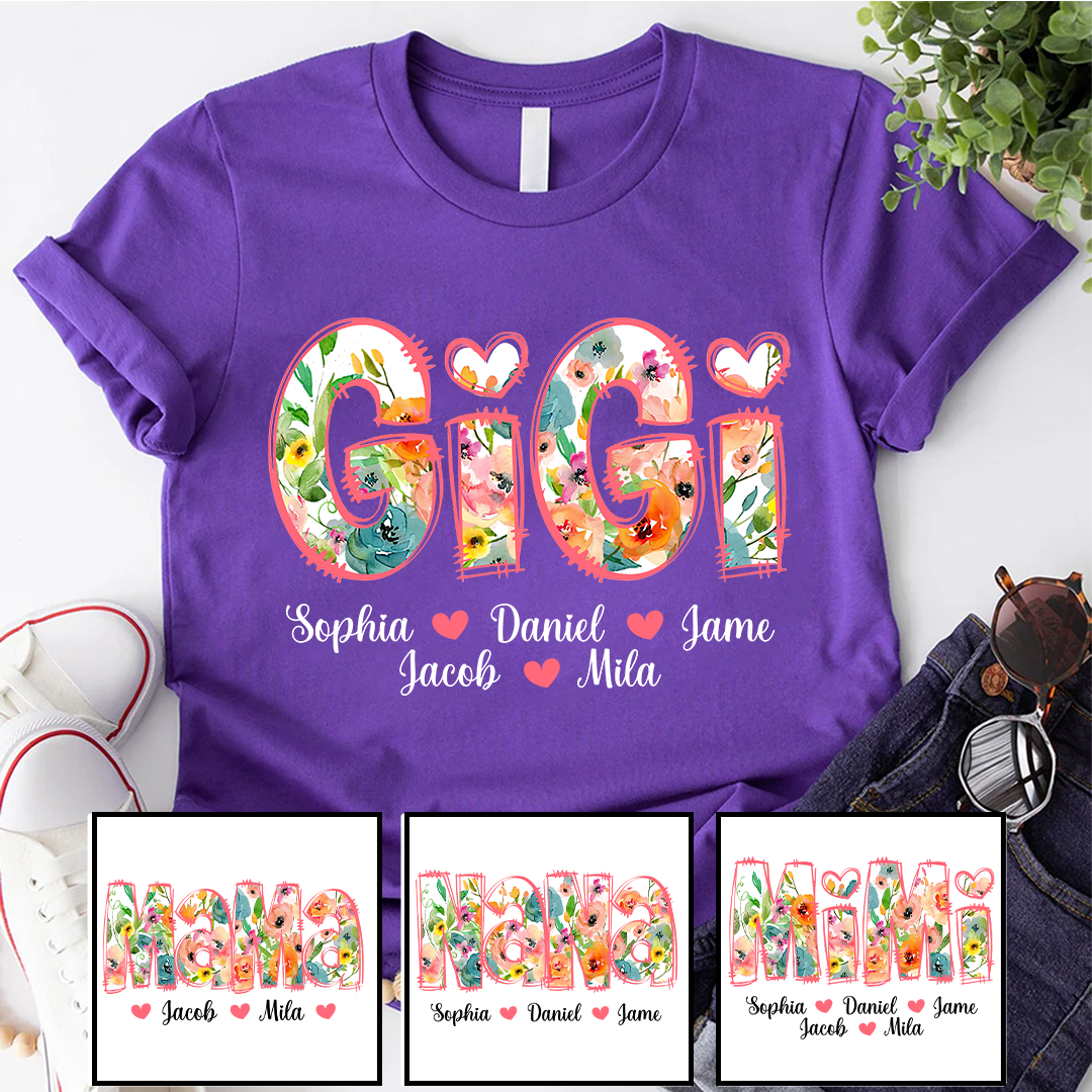 Bright Watercolor Floral Gigi And Grandkids Mother Day T-Shirt