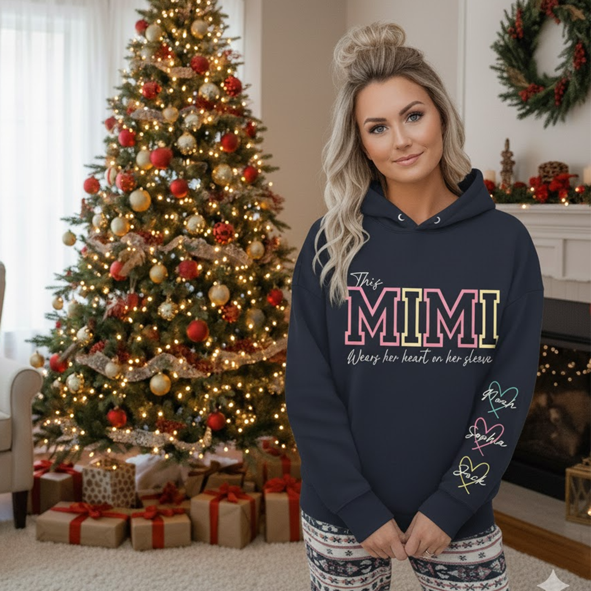 This Mimi Wears Her Heart On Her Sleeve – Personalized Sweatshirt with Grandkids’ Names, Custom Gift for Grandma, Nana & Gigi