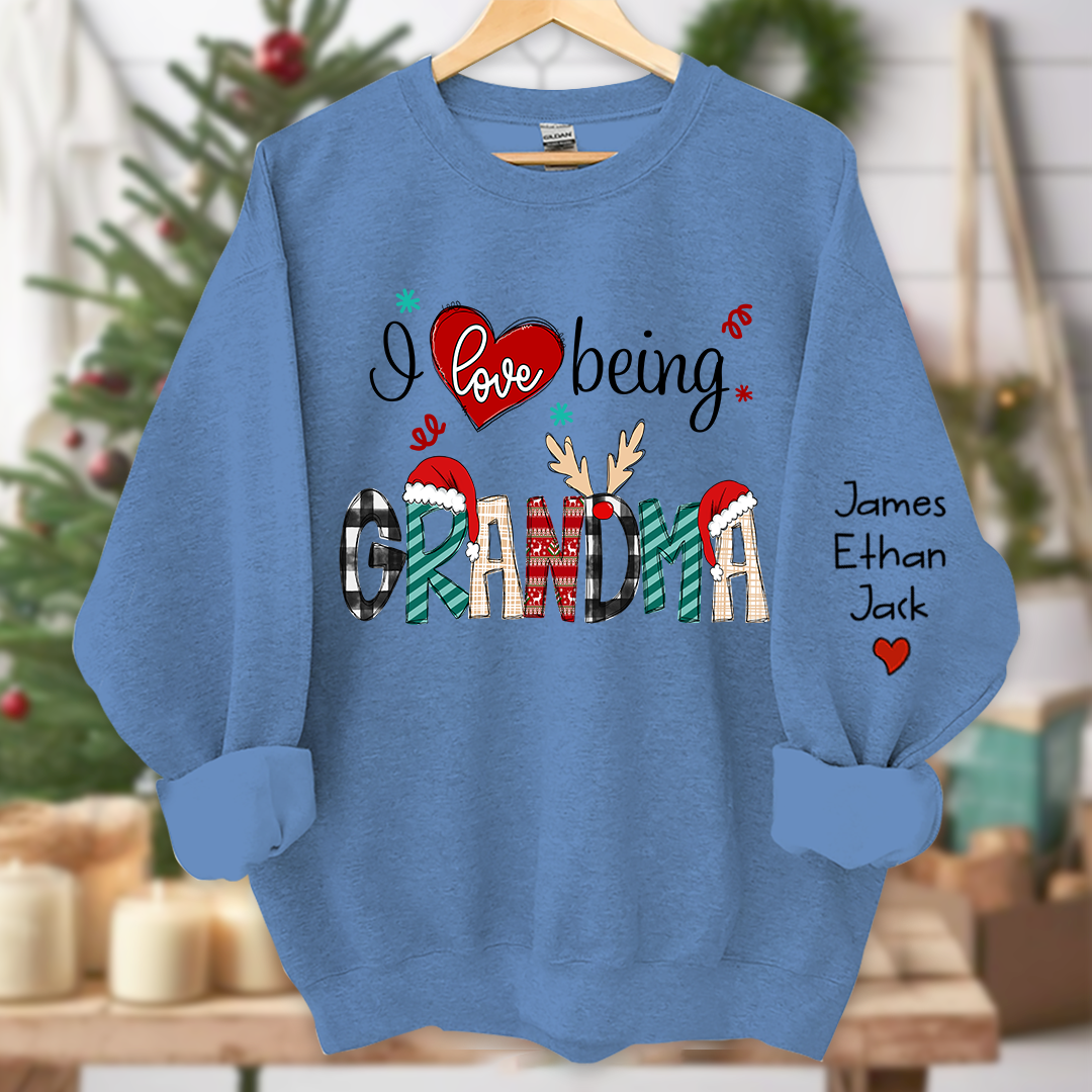 Personalized I Love Being Grandma Merry Christmas Sweatshirt, Custom Grandma and Grandkids Sweatshirt