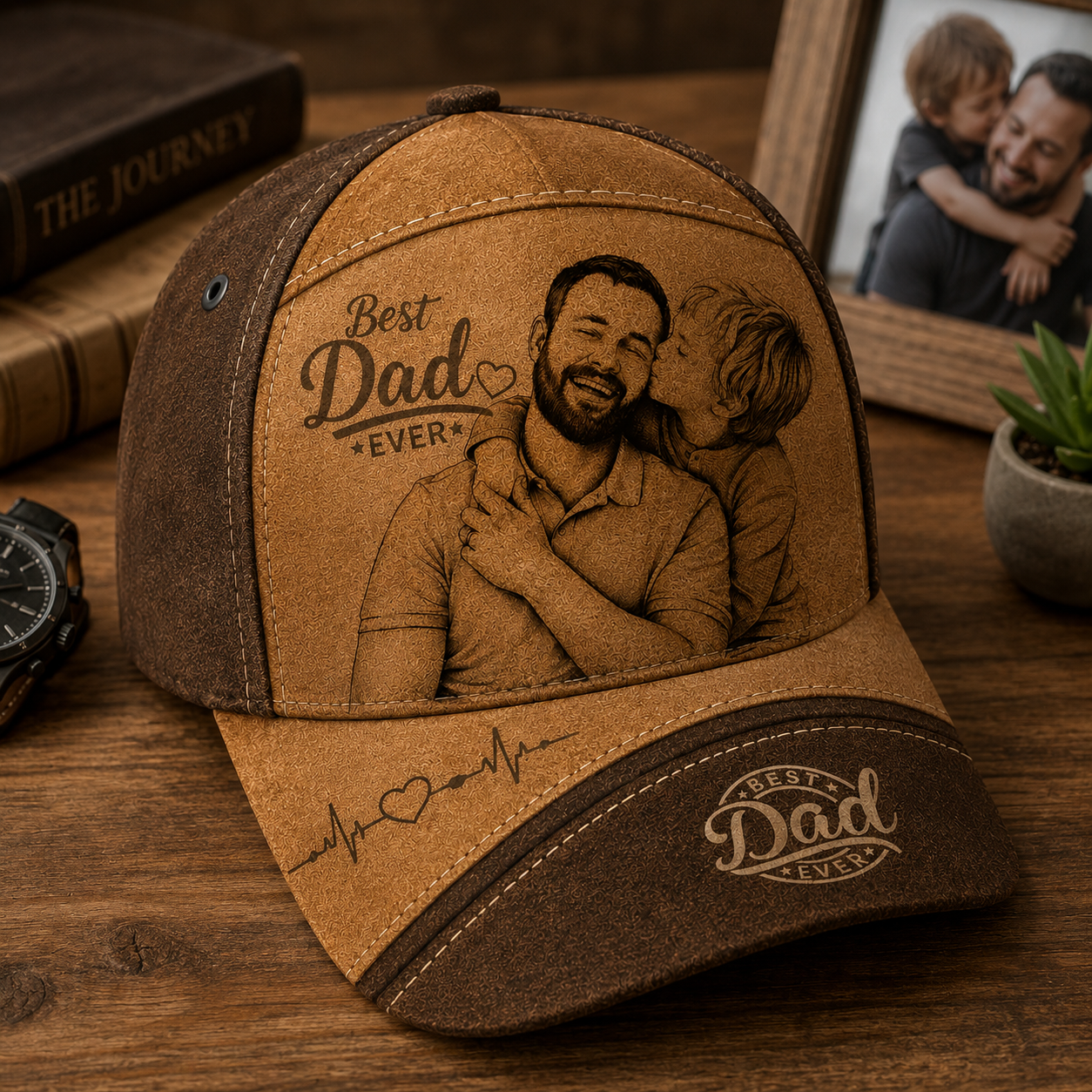 The "Best Dad Ever" Personalized Photo Engraved Leather Cap