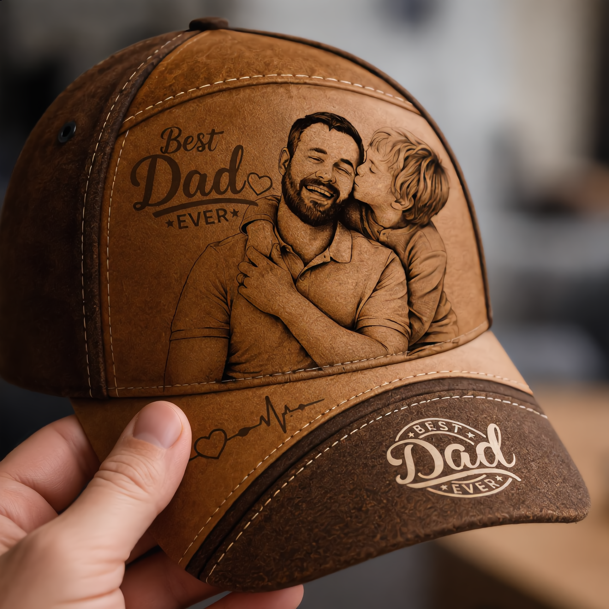 The "Best Dad Ever" Personalized Photo Engraved Leather Cap