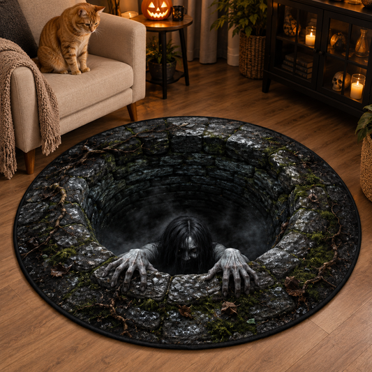 Ghost Girl Well 3D Halloween Rug – Creepy Haunted Well Floor Mat, Horror Illusion Area Rug, Spooky Halloween Home Decor