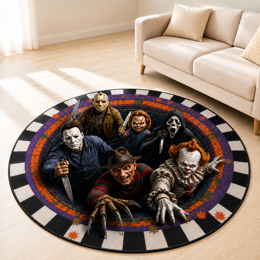 Halloween Horror Villains Round Rug – Scary Movie Character 3D Illusion Area Rug, Spooky Halloween Home Decor