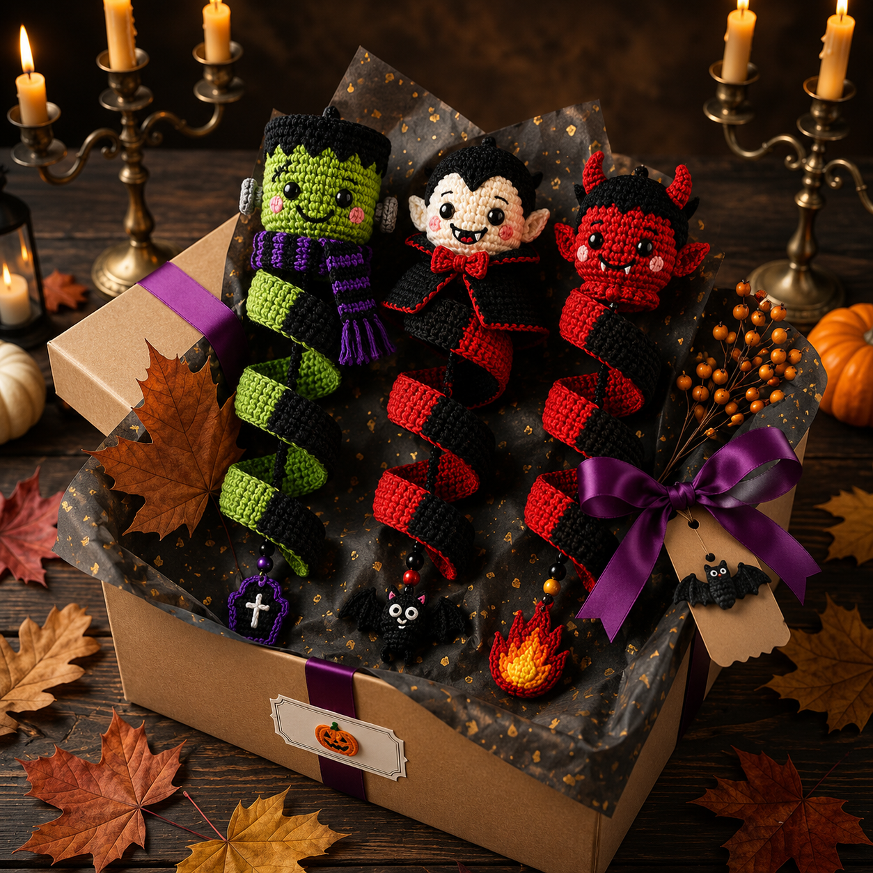 Handmade Crochet Halloween Spiral Hanging Ornament – Frankenstein Dracula Devil Halloween Decor, Cute Halloween Gift