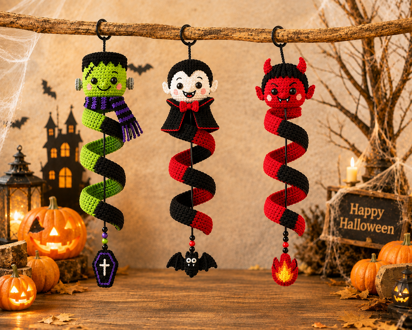 Handmade Crochet Halloween Spiral Hanging Ornament – Frankenstein Dracula Devil Halloween Decor, Cute Halloween Gift