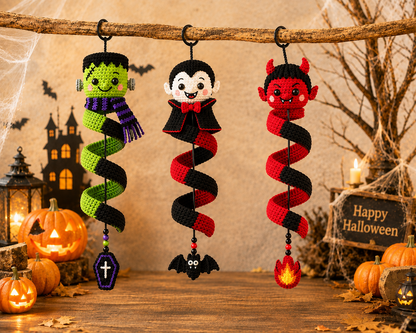 Handmade Crochet Halloween Spiral Hanging Ornament – Frankenstein Dracula Devil Halloween Decor, Cute Halloween Gift