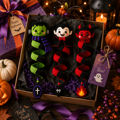 Handmade Crochet Halloween Spiral Hanging Ornament – Frankenstein Dracula Devil Halloween Decor, Cute Halloween Gift