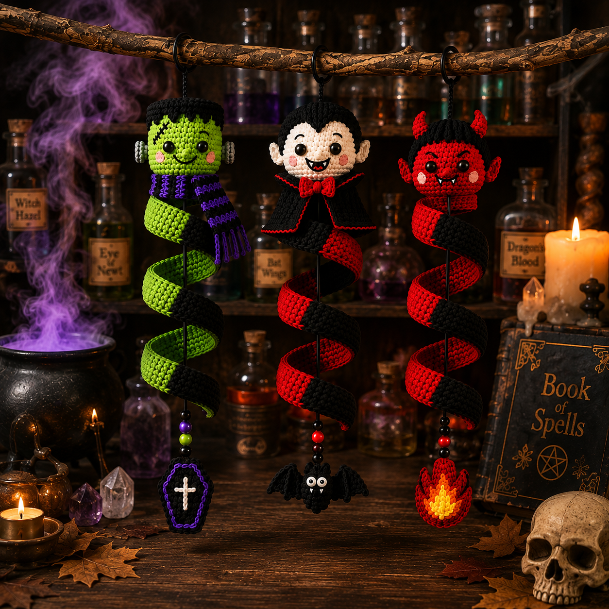 Handmade Crochet Halloween Spiral Hanging Ornament – Frankenstein Dracula Devil Halloween Decor, Cute Halloween Gift