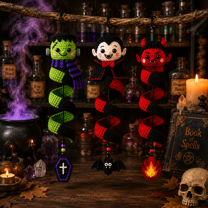 Handmade Crochet Halloween Spiral Hanging Ornament – Frankenstein Dracula Devil Halloween Decor, Cute Halloween Gift