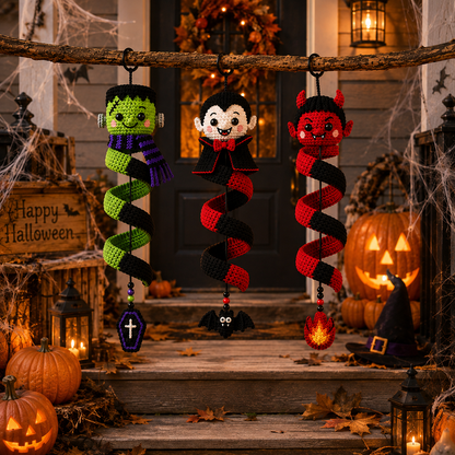 Handmade Crochet Halloween Spiral Hanging Ornament – Frankenstein Dracula Devil Halloween Decor, Cute Halloween Gift