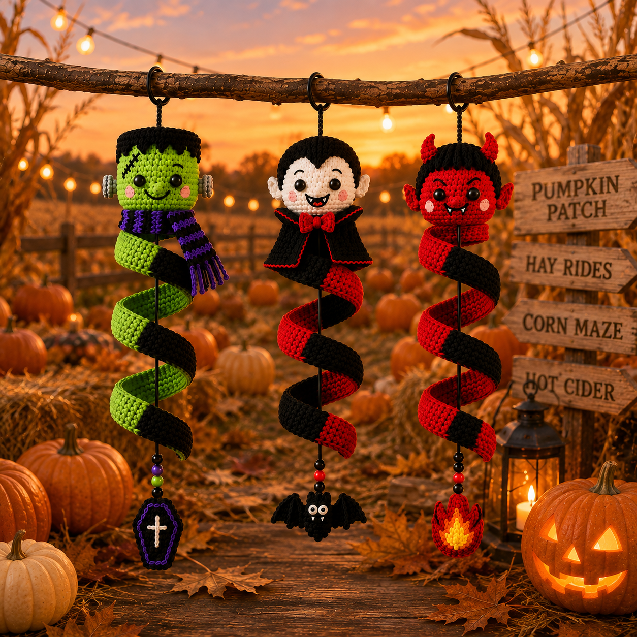 Handmade Crochet Halloween Spiral Hanging Ornament – Frankenstein Dracula Devil Halloween Decor, Cute Halloween Gift