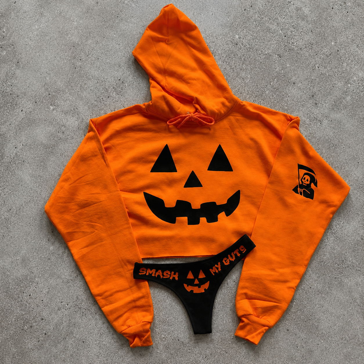 Women's Halloween Pumpkin Crop Hoodie & Thong Set | Sexy Jack-O'-Lantern Costume Outfit