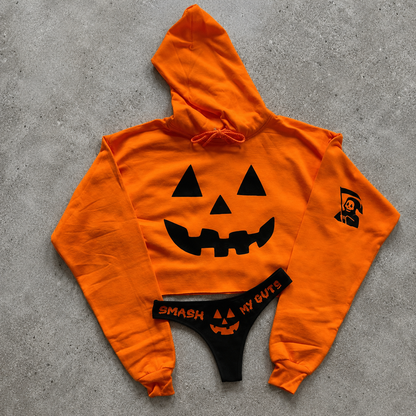 Women's Halloween Pumpkin Crop Hoodie & Thong Set | Sexy Jack-O'-Lantern Costume Outfit