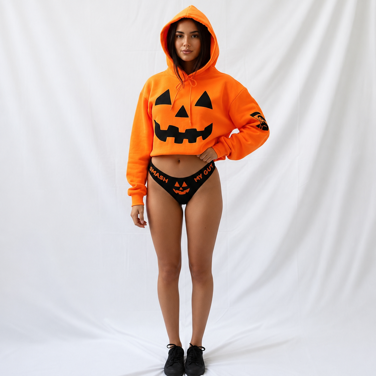 Women's Halloween Pumpkin Crop Hoodie & Thong Set | Sexy Jack-O'-Lantern Costume Outfit