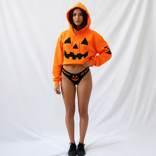 Women's Halloween Pumpkin Crop Hoodie & Thong Set | Sexy Jack-O'-Lantern Costume Outfit