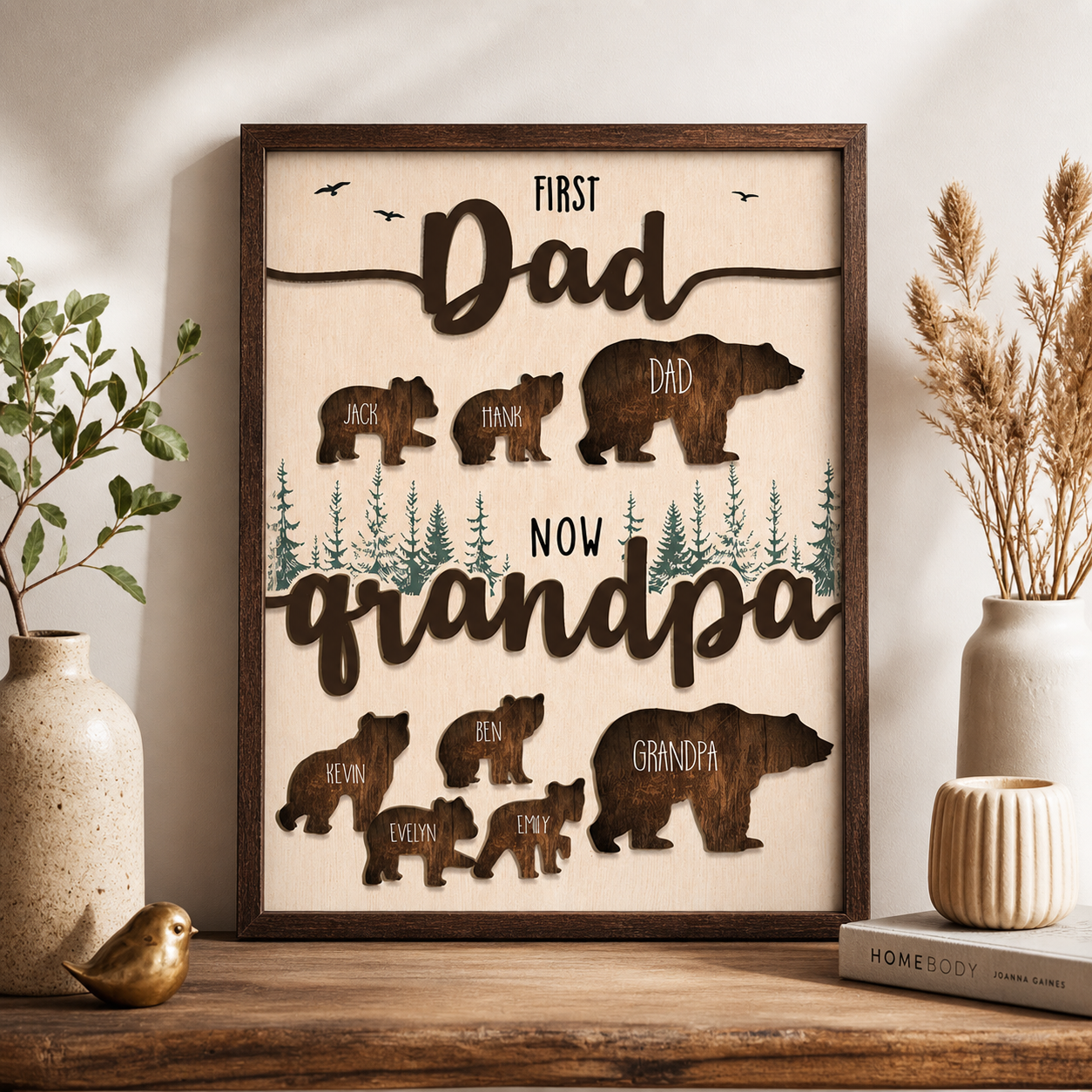 Personalized Grandpa Sign, First Dad Now Grandpa Wood Decor, Custom Kids Names Bear Family Wall Art, Gift for Grandfather