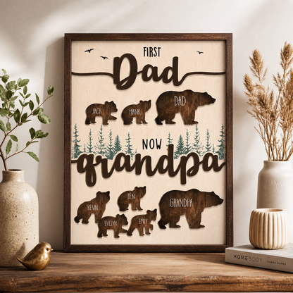 Personalized Grandpa Sign, First Dad Now Grandpa Wood Decor, Custom Kids Names Bear Family Wall Art, Gift for Grandfather